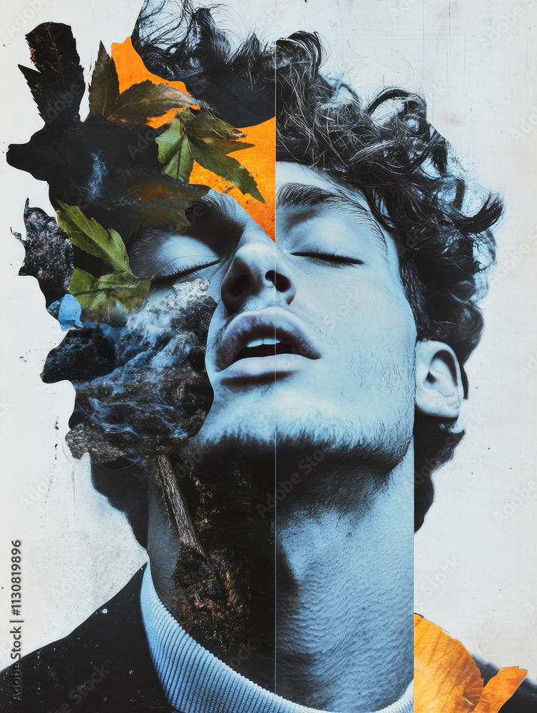 Poster a striking abstract portrait intertwined with natural elements, creating a unique visual narrative o