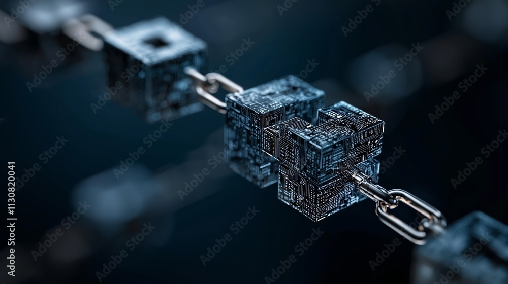 Poster digital chain of cubes representing blockchain technology concept
