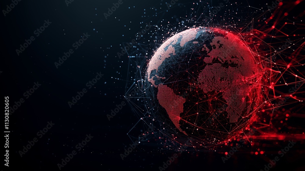 Poster abstract digital globe with red connections and particles background