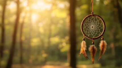 Obraz premium A beautifully crafted dreamcatcher hangs in a sunlit forest, symbolizing peace and protection, This image can be used for wellness, spirituality, and home decor themes,