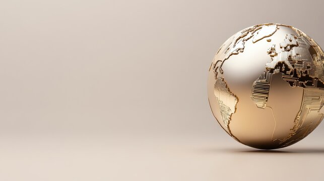 A shiny, golden globe with intricate topographical details on a soft, neutral background, ideal for themes of global connection, technology, or wealth in presentations and marketing materials,