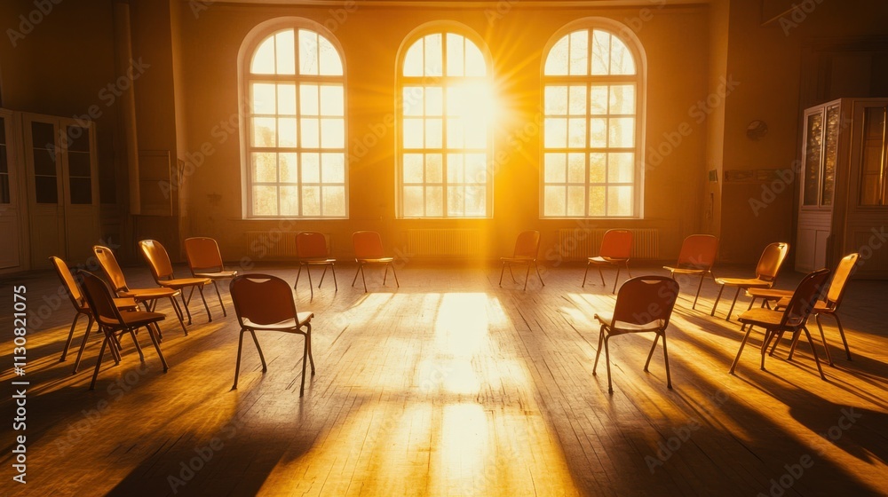 Poster Sunlight Streaming Through Windows Illuminates Empty Chairs in a Serene Room, Creating a Tranquil Atmosphere for Reflection and Connection