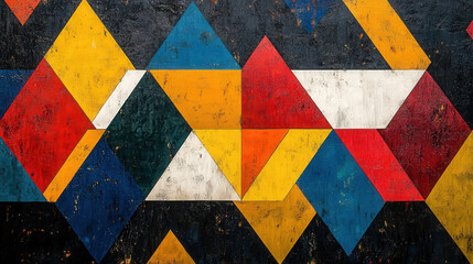 A tessellated geometric pattern of triangles in bold contrasting colors with a retro vibe