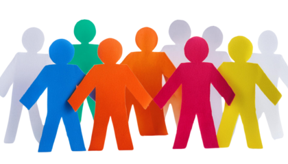 Colorful cut-out paper figures holding hands, isolated on a white background.