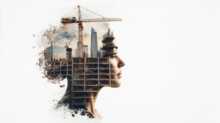 Fototapeta premium Woman Profile with Urban Construction in Artistic Double Exposure