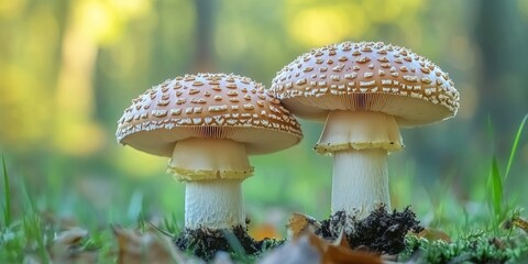 Fototapeta premium Two_Agaricus_mushrooms_in_a_natural_setting_showcasing_their_unique_features_with_selective_focus_on_the_Agaricus_highlighting_the_details_and_beauty_of_these_mushrooms