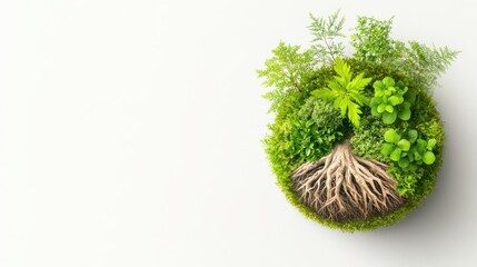 Fototapeta premium A vibrant arrangement of greenery with roots, symbolizing growth and nature, Ideal for environmental projects, gardening themes, or wellness concepts promoting sustainability,