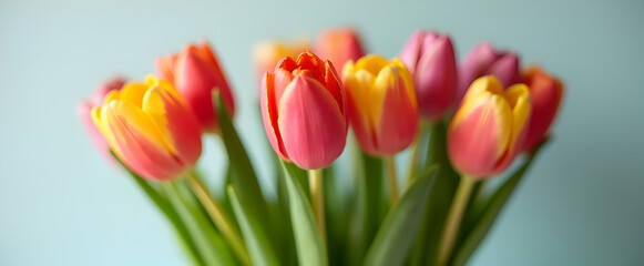 Fototapeta premium A vibrant bouquet of tulips in shades of pink, yellow, and orange, creating a cheerful and spring-like atmosphere. Perfect for any occasion!