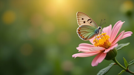 A delicate butterfly gracefully lands on a vibrant pink flower, basking in the warm golden sunlight. Nature's gentle beauty unfolds.
