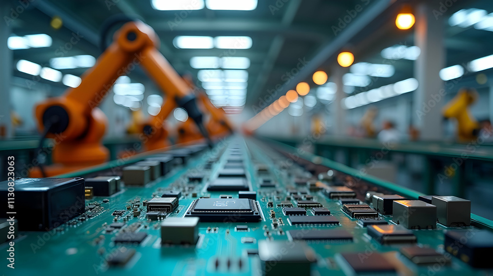 Poster automated future: robotic arms meticulously assemble circuit boards on a high-tech production line, 
