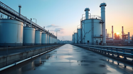 Obraz premium Serene sunset over industrial landscape. Silhouetted refinery at dusk, reflecting in wet pavement. Tranquil yet powerful scene.
