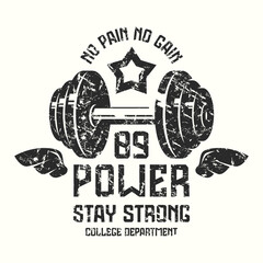 Typographic emblem for gym club with stylized barbell. Graphic design with rough texture for t-shirt. Black print on white background