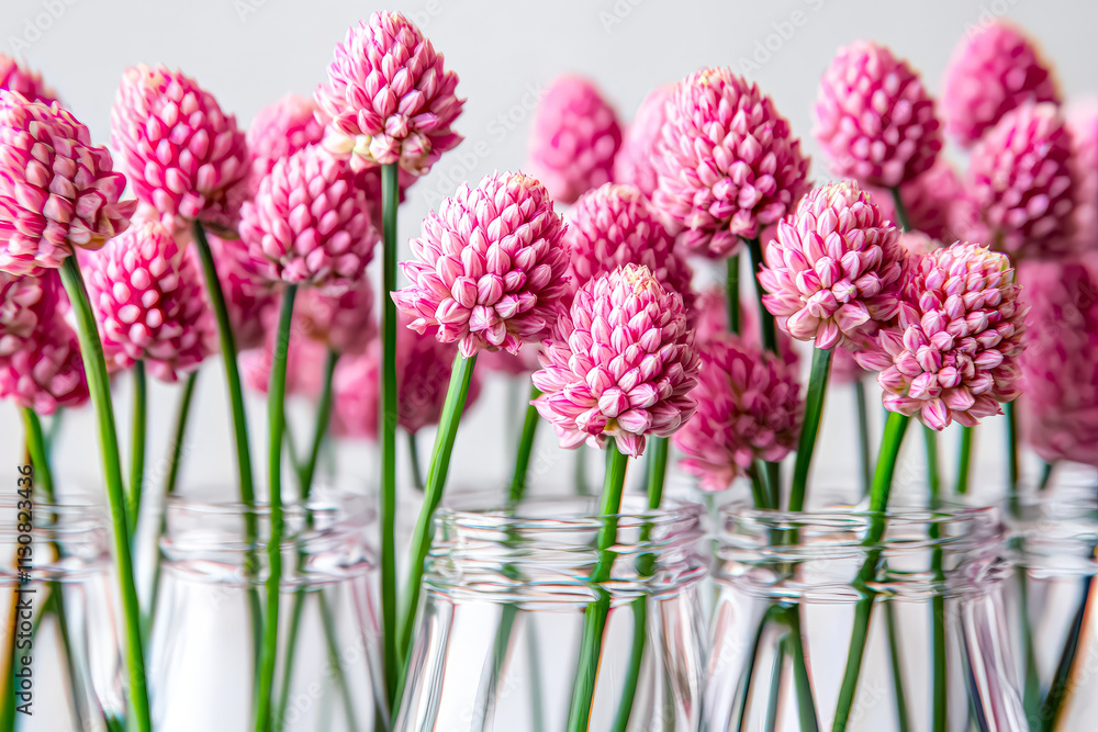 Poster bunch of pink flowers are in vases. the flowers are arranged in a row and are in different sizes. th
