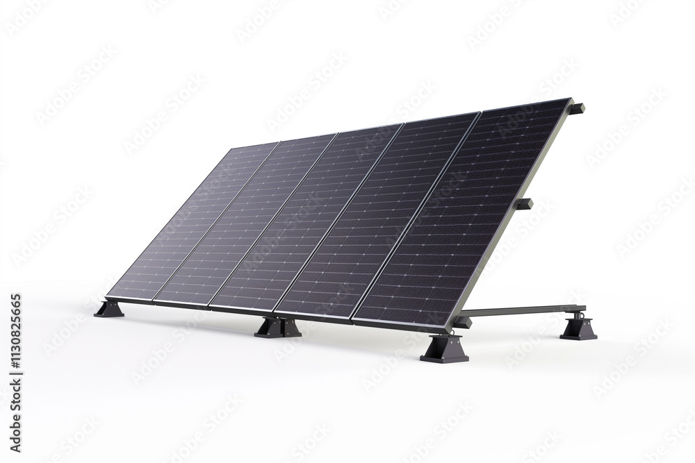 Poster a solar panel standing upright, its surface gleaming with reflected light on a pure white background