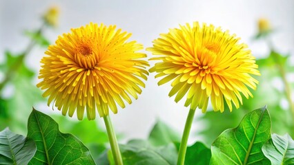 Naklejka premium Vibrant Panoramic View of Two Yellow Dandelion Flowers with Green Leaves on a Clean White Background for Nature and Floral Themed Stock Photos
