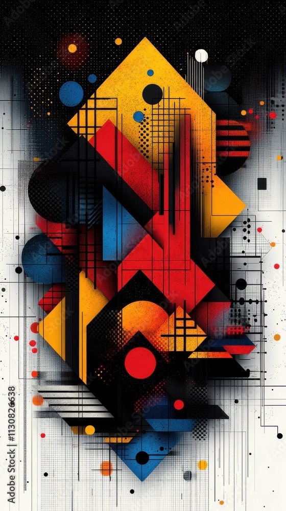 Poster abstract geometric composition with vibrant colors and dynamic shapes.