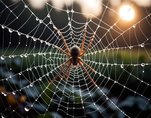 Fototapeta premium Dew Covered Spiderweb Sunrise Nature Photography