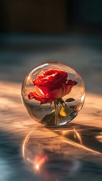 Eternal rose in glass sphere with soft sunlight, elegant eternal rose in glass sphere decor, romantic eternal rose in glass sphere on marble,Eternal rose in glass sphere,Preserved red rose