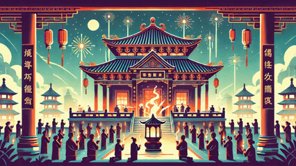 Fototapeta premium A majestic temple decorated for the Chinese New Year Lantern Festival, worshipers light incense, and fireworks light up the sky 