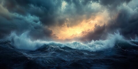 Obraz premium Morning storm on the sea creates a dramatic and powerful scene, showcasing the ferocity of nature and the captivating beauty of the storm on the sea during early hours.