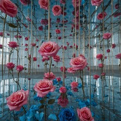 "A surreal display of floating pink and blue roses suspended in a mirrored room."