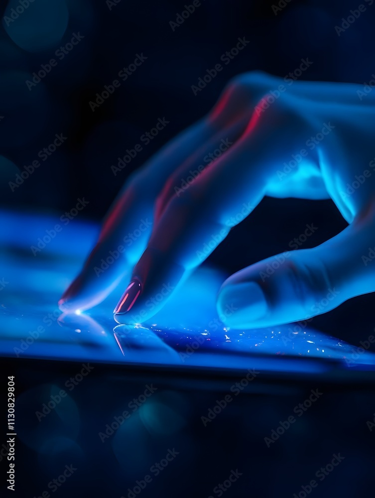 Aufkleber a hand interacting with a glowing touchscreen device in a dark setting.