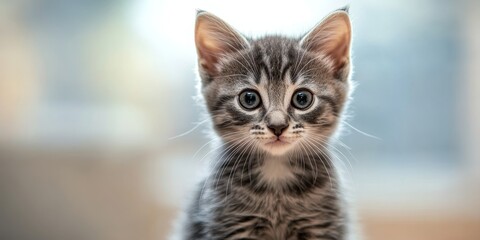Closeup portrait of a curious and cute fat little gray tabby kitten, a purebred pussycat, sitting and relaxing alone while looking at the camera amidst a softly blurred background.