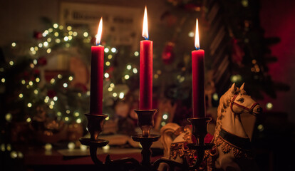 Rite with a burning candle, night mystery atmosphere, Christmas eve, Yule or another day