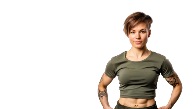 A determined individual strikes a bold pose, showcasing strength and confidence. The simple background emphasizes their athletic build and self-assured demeanor, capturing the essence of empowerment.