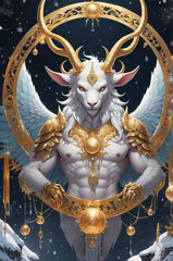 Fantasy creature with horns and gold
