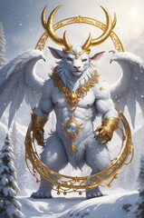 Fantasy creature in gold in the middle of the snow
