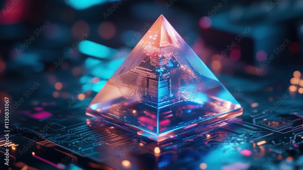 Poster futuristic transparent pyramid with glowing light effects on abstract circuit board in high-tech env