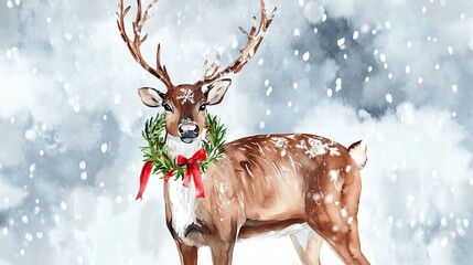Watercolor reindeer with a festive wreath around its neck in a snowy setting