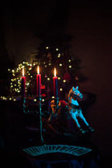 Rite with a burning candle, night mystery atmosphere, Christmas eve, Yule or another day