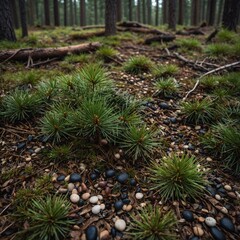 A forest floor covered with pine needles and small pebbles.