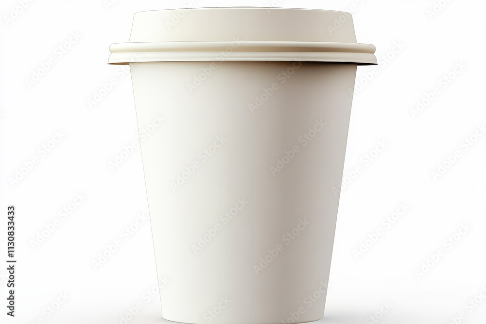 Poster white paper cup with a lid on top. the cup is empty and has no contents. the lid is closed and the c