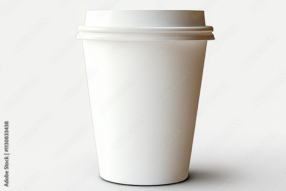 Poster white paper cup with a lid on top. the cup is empty and has no contents. the lid is closed and the c