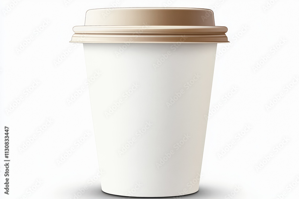 Poster white paper cup with a lid on top. the cup is empty and has no contents. the lid is closed and the c