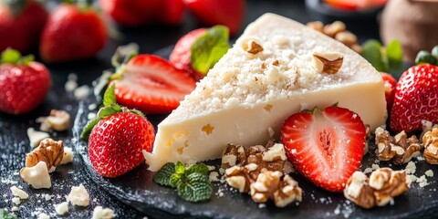 Parmesan cheese triangle paired with strawberries and walnuts creates a delightful combination. Enjoy the rich flavors of Parmesan cheese, strawberries, and walnuts in this appealing dish.