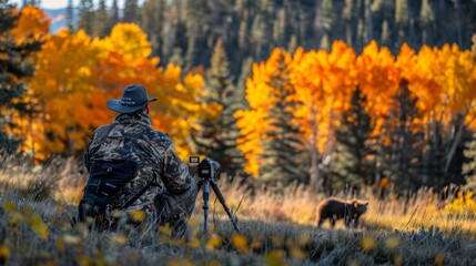 Photographer capturing a grizzly bear in autumnal aspen grove.