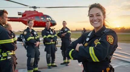 Obraz premium Woman firefighter smiles with a helicopter team.