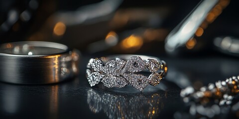 Close up of jewelry in a studio setting on a black surface, capturing intricate details of the jewelry design and highlighting the elegance of the jewelry in a professional studio environment.
