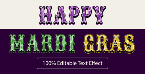 Editable text effect. Volumetric glossy letters with outline. Mardi Gras decoration. Vintage typography graphic style. © OA_Creation