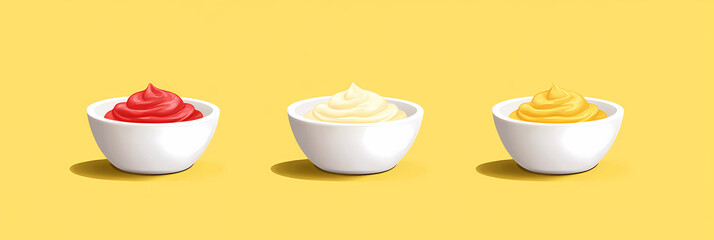 Three white bowls with mayonnaise, mustard, and ketchup on a yellow background, vector illustration
