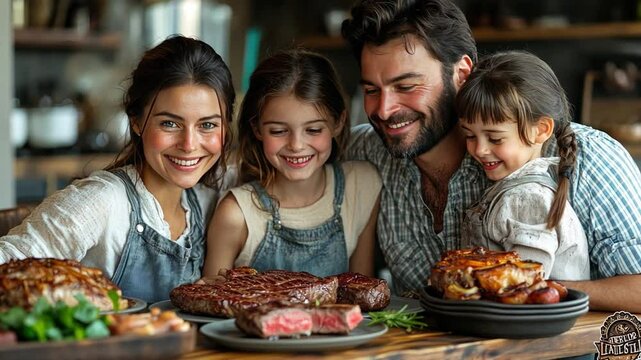 Family Feast: A heartwarming image of a happy family gathered around a table laden with a delicious spread of grilled meats and roasted chicken.