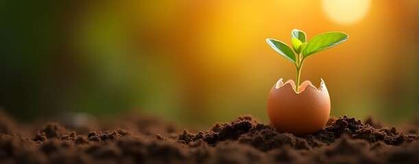 A tiny sprout emerges from an eggshell, reaching for the warm sunset glow.  A symbol of new beginnings and hope.