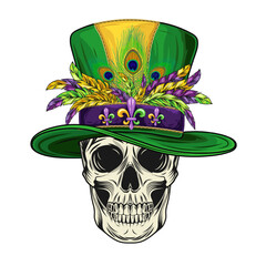 Human skull with green tall cylinder hat with bunch of colorful feathers. Mardi Gras themed detailed illustration in vintage style.
