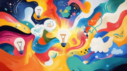Obraz premium Colorful Mural Illustrating Light Bulbs and Abstract Concepts in a Dynamic Artistic Design