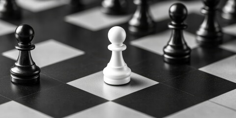White pawn positioned among black chess pieces on a chess board, highlighting the dynamic interplay of a white pawn and surrounding black chess pieces in a strategic game.