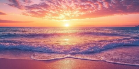 Fototapeta premium Breathtaking beach scenery featuring a stunning sunset sky, where the serene beach and vibrant sunset sky create a perfect atmospheric blend of beauty and tranquility in nature.